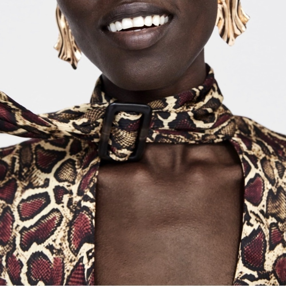 ZARA Animal Print Flowy V-Neck with Neck Tie - Picture 3 of 15